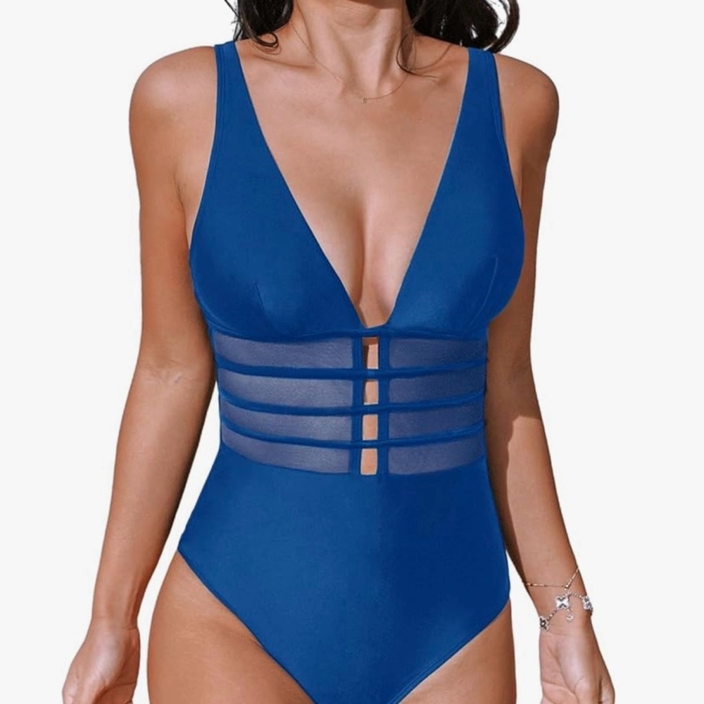 Cupshe Blue One-Piece Swimsuit with Mesh Details